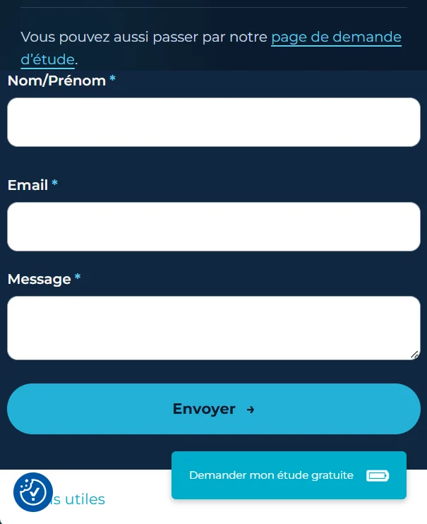 Formulaire mobile D.WATT avec les champs nom et prénom, email, message et le bouton Envoyer