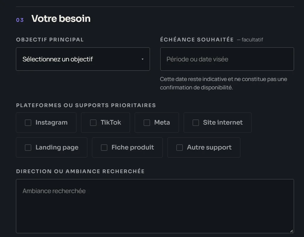Section « Votre besoin » du formulaire Norial Studio : objectif principal, échéance souhaitée, plateformes prioritaires et direction recherchée