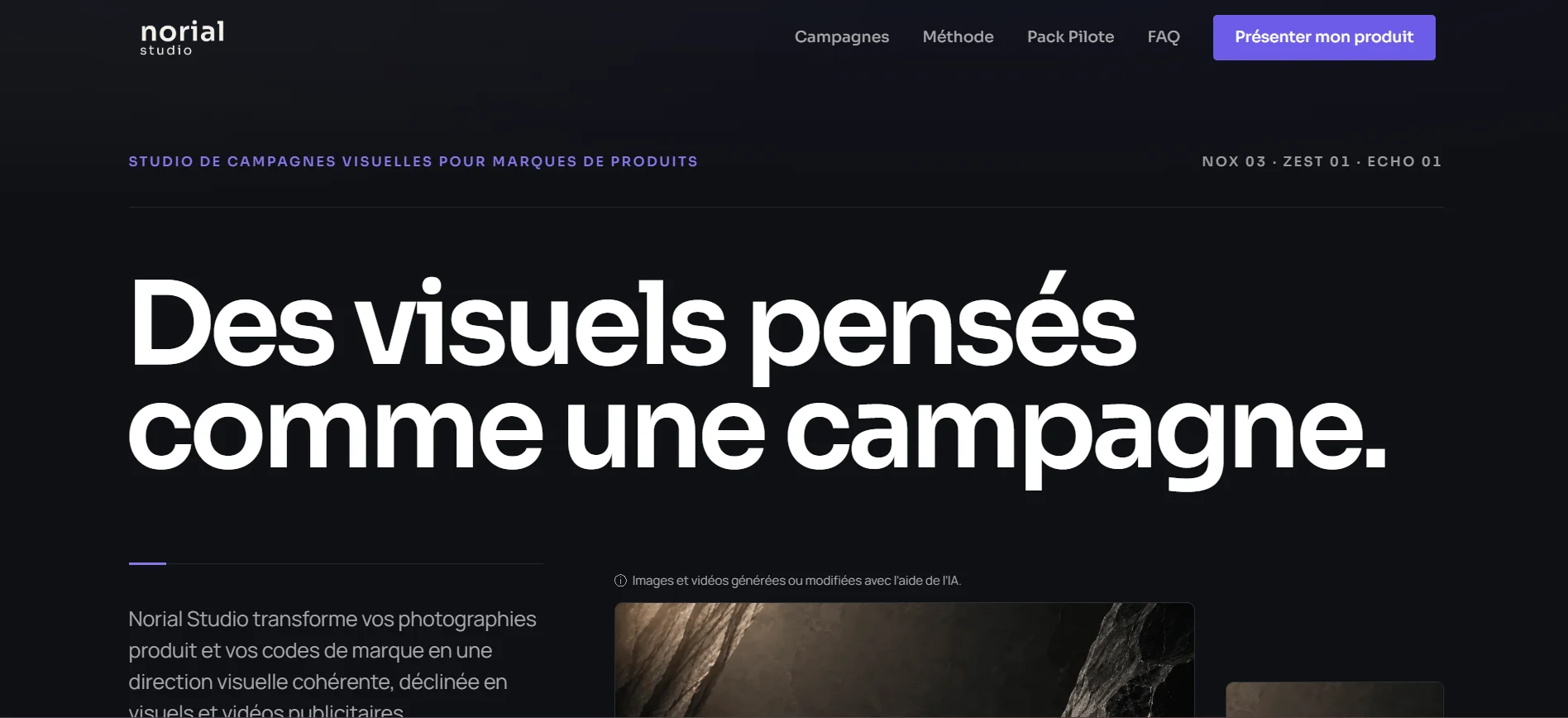 Page d’accueil du site Norial Studio présentant son offre et la campagne NOX 03