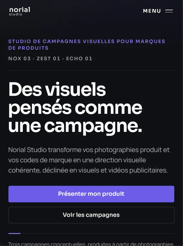 Version mobile de la page d’accueil Norial Studio